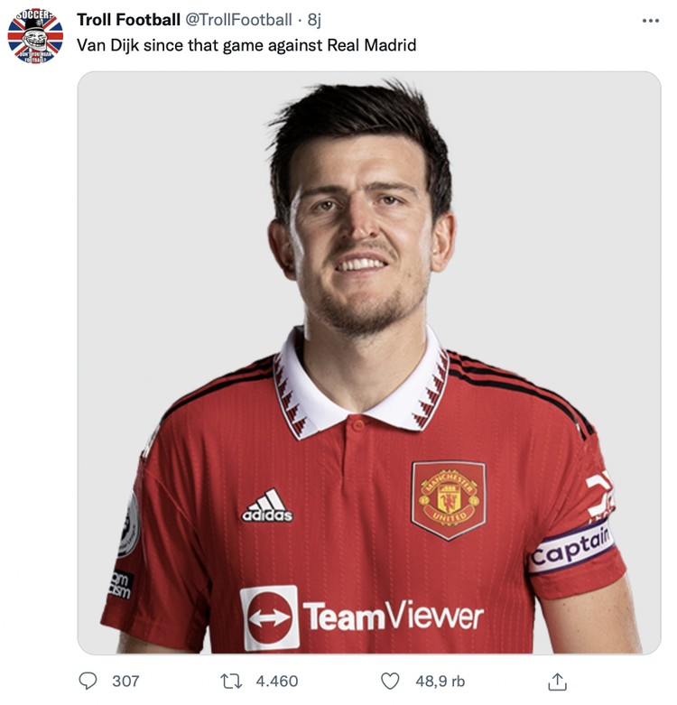 Meme Virgil van Dijk iseng edit netizen mirip Harry Maguire karena penampilannya yang burusak saat membela Liverpool.