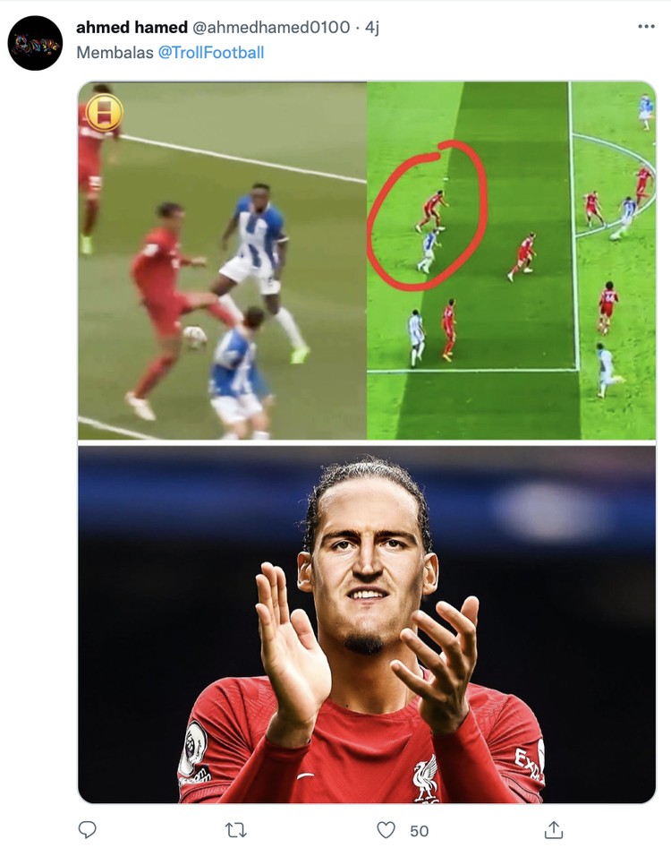 Meme Virgil van Dijk iseng edit netizen mirip Harry Maguire karena penampilannya yang burusak saat membela Liverpool.