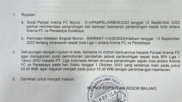 Surat Polres Malang soal percepat laga Arema vs Persebaya (dok. istimewa).