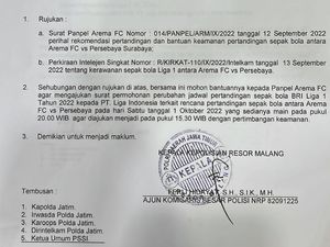 Bukti Surat Polres Malang Minta Panitia Percepat Laga Arema vs Persebaya