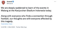 Sejumlah klub sepak bola Eropa menyampaikan duka cita mendalam atas tragedi Kanjuruhan pasca pertandingan Arema FC vs Persebaya di Stadion Kanjuruhan, Kabupaten Malang, yang menewaskan ratusan orang.