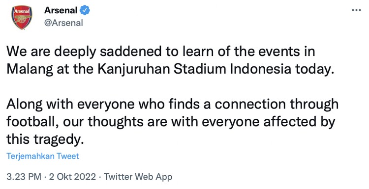 Sejumlah klub sepak bola Eropa menyampaikan duka cita mendalam atas tragedi Kanjuruhan pasca pertandingan Arema FC vs Persebaya di Stadion Kanjuruhan, Kabupaten Malang, yang menewaskan ratusan orang.
