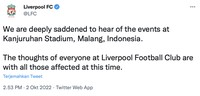 Sejumlah klub sepak bola Eropa menyampaikan duka cita mendalam atas tragedi Kanjuruhan pasca pertandingan Arema FC vs Persebaya di Stadion Kanjuruhan, Kabupaten Malang, yang menewaskan ratusan orang.