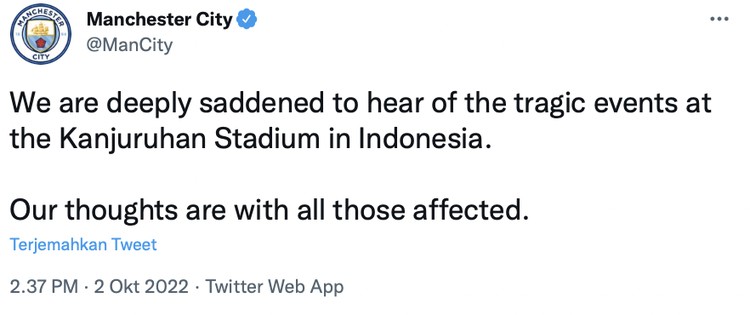 Sejumlah klub sepak bola Eropa menyampaikan duka cita mendalam atas tragedi Kanjuruhan pasca pertandingan Arema FC vs Persebaya di Stadion Kanjuruhan, Kabupaten Malang, yang menewaskan ratusan orang.