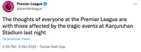 Sejumlah klub sepak bola Eropa menyampaikan duka cita mendalam atas tragedi Kanjuruhan pasca pertandingan Arema FC vs Persebaya di Stadion Kanjuruhan, Kabupaten Malang, yang menewaskan ratusan orang.