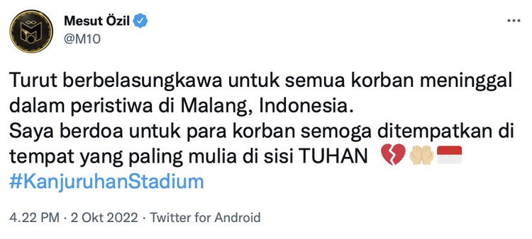 Sejumlah klub sepak bola Eropa menyampaikan duka cita mendalam atas tragedi Kanjuruhan pasca pertandingan Arema FC vs Persebaya di Stadion Kanjuruhan, Kabupaten Malang, yang menewaskan ratusan orang.