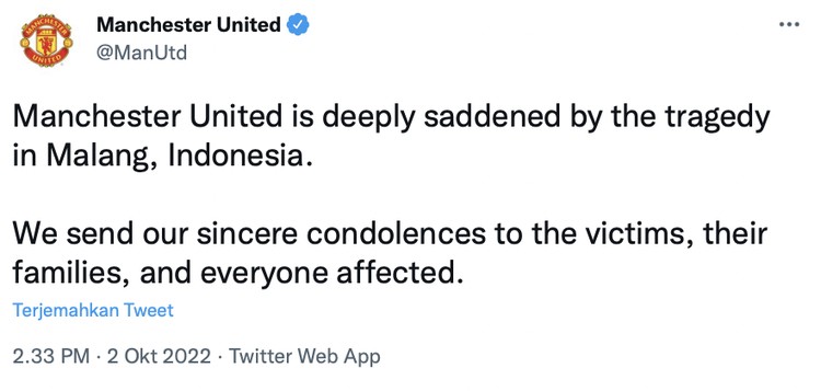 Sejumlah klub sepak bola Eropa menyampaikan duka cita mendalam atas tragedi Kanjuruhan pasca pertandingan Arema FC vs Persebaya di Stadion Kanjuruhan, Kabupaten Malang, yang menewaskan ratusan orang.