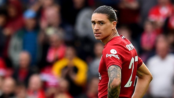 LIVERPOOL, ENGLAND - OCTOBER 01: (THE SUN OUT, THE SUN ON SUNDAY OUT) Darwin Nunez of Liverpool during the Premier League match between Liverpool FC and Brighton & Hove Albion at Anfield on October 01, 2022 in Liverpool, England. (Photo by Andrew Powell/Liverpool FC via Getty Images)