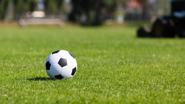 Black and white soccer ball on green soccer pitch.