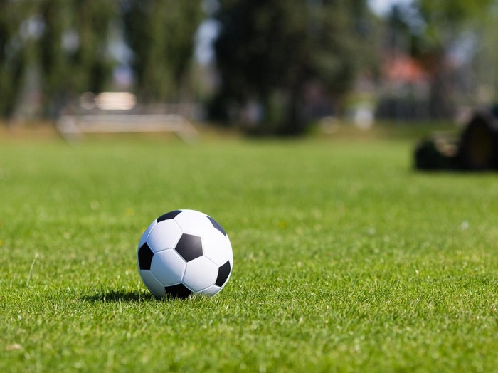 Black and white soccer ball on green soccer pitch.