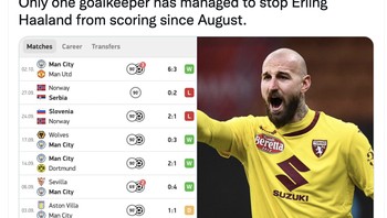 Hanya kiper ini yang mampu mencegah Haaland mencetak gol sejak Agustus. Foto: Twitter