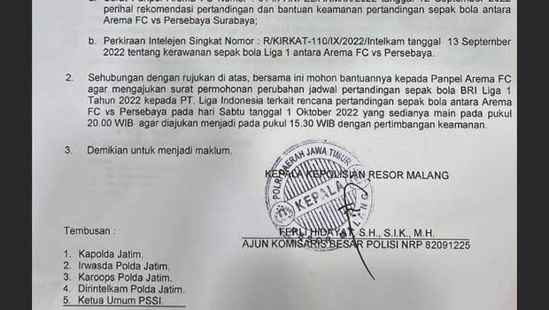 Surat rekomendasi Polres Malang pada PT LIB