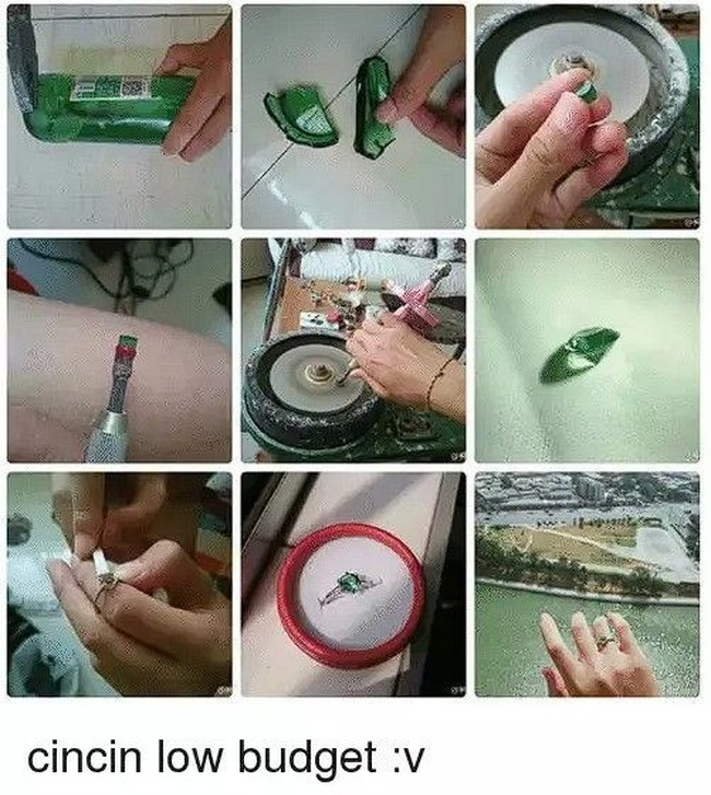Bak cincin mahal bertahtakan batu permata, tapi siapa sangka hanya terbuat dari pecahan botol kaca. Cincin low budget yang satu ini unik banget yaa.. Foto: me.me