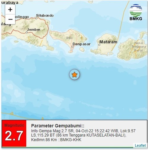 Gempa M 2,7 hari ini mengguncang Kuta Selatan pukul 15:22:42 WIB, Selasa, 4 Oktober 2022.