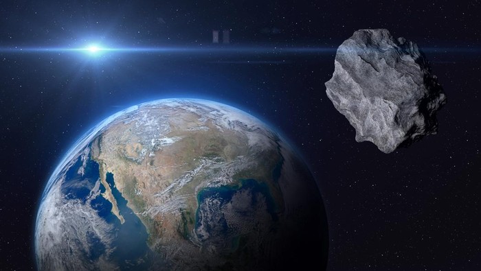 Planet Earth and big asteroid in the space. Concept a potentially hazardous object (PHO). Potentially hazardous asteroids (PHAs). Asteroid in outer space near Earth planet. Stony-iron meteorite is solar system. Elements of this image furnished by NASA. ______ Url(s): https://www.nasa.gov/multimedia/imagegallery/image_feature_2159.html Software: Adobe Photoshop CC 2015. Knoll light factory. Adobe After Effects CC 2017. 3ds Max 2016.