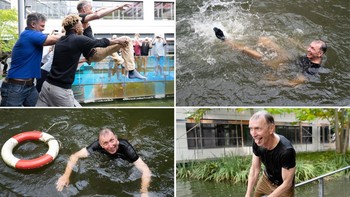 Sang profesor diceburkan di sungai sebagai perayaan oleh rekan-rekannya. Foto: AFP via Getty Images/JONATHAN NACKSTRAND