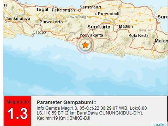 Gempa M 1,3 guncang Gunungkidul, Rabu (5/10/2022) pukul 06.29 WIB.