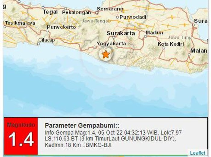 Gempa M 1,7 Guncang Gunungkidul, Rabu (5/10/2022) pukul 04.43 WIB.