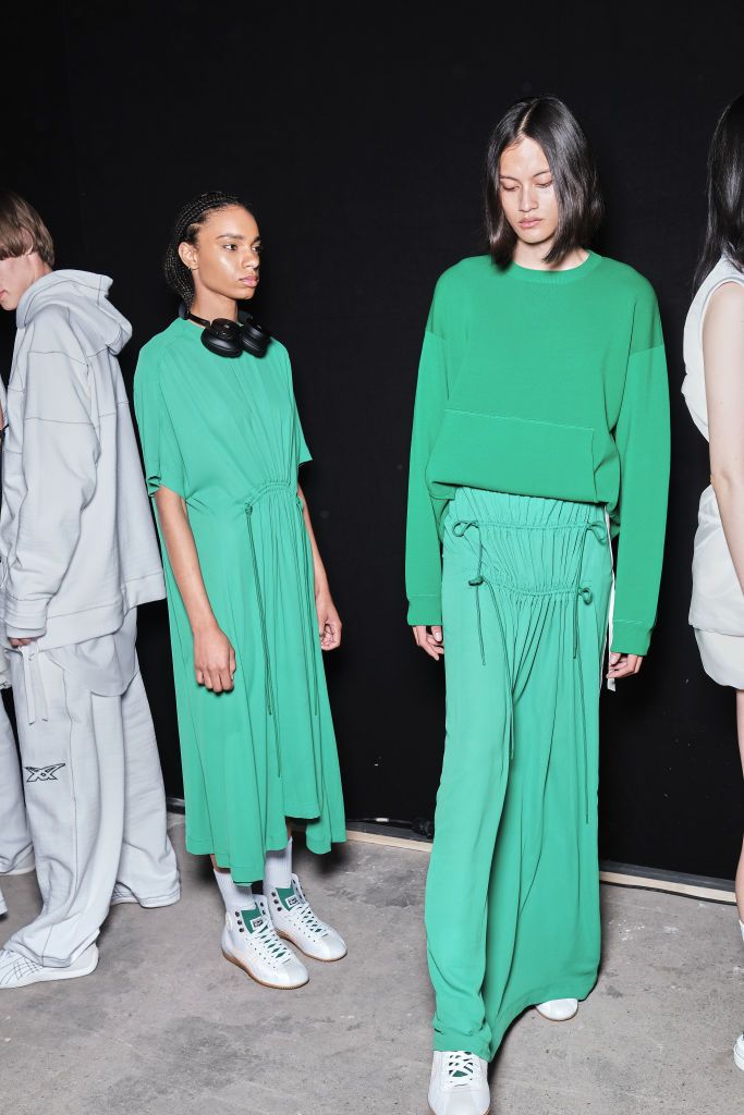 MILAN, ITALY - SEPTEMBER 21: Models pose backstage at the Onitsuka Tiger Fashion Show during Milan Fashion Week Womenswear Spring/Summer 2023 on September 21, 2022 in Milan, Italy. (Photo by Ferda Demir/Getty Images)