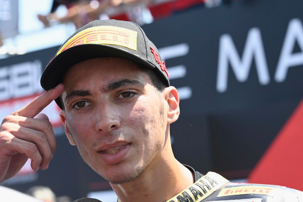 MISANO ADRIATICO, ITALY - JUNE 12: Toprak Razgatlioglu of Turkey & Pata Yamaha with Brixx WorldSBK team talks to reporters during the FIM Superbike World Championship Pirelli Emilia-Romagna Round - Tissot Superpole Race on June 12, 2022 in Misano Adriatico, Italy.  (Photo by Mirco Lazzari/Getty Images)