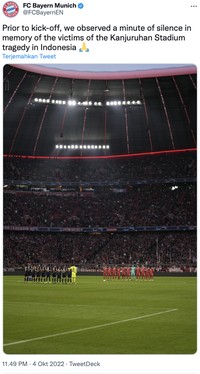 Sejumlah laga Liga Champions tadi malam diawali dengan mengheningkan cipta mengenang Tragedi Kanjuruhan, Malang.