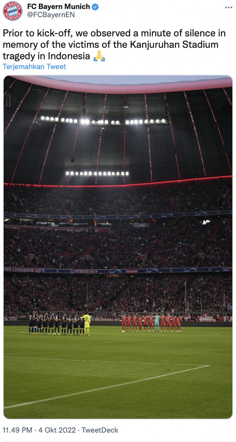 Tragedi Kanjuruhan Sejumlah laga Liga Champions tadi malam diawali dengan mengheningkan cipta mengenang Tragedi Kanjuruhan, Malang.