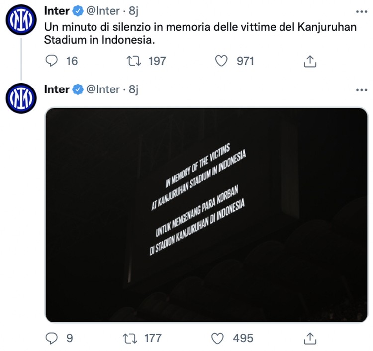 Tragedi Kanjuruhan Sejumlah laga Liga Champions tadi malam diawali dengan mengheningkan cipta mengenang Tragedi Kanjuruhan, Malang.