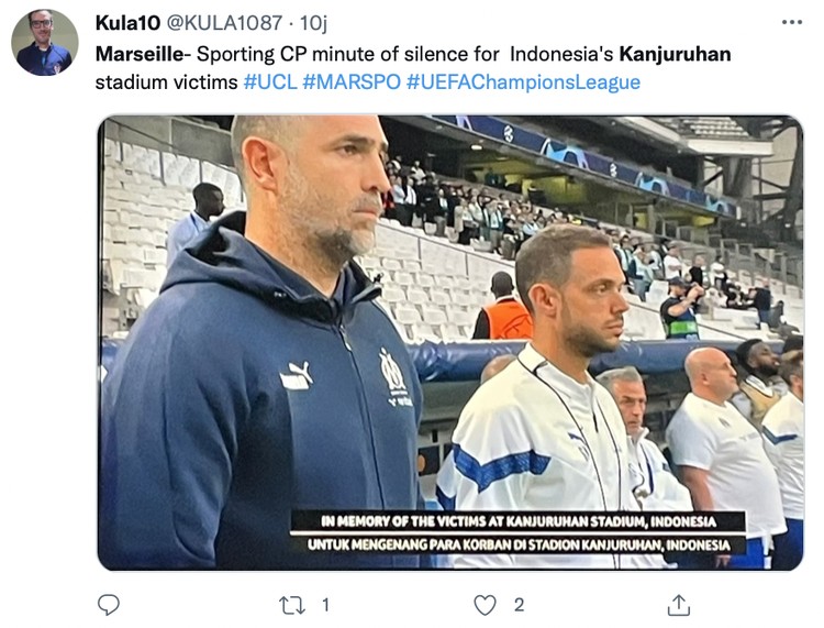 Tragedi Kanjuruhan Sejumlah laga Liga Champions tadi malam diawali dengan mengheningkan cipta mengenang Tragedi Kanjuruhan, Malang.