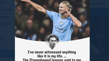 Rekan setim Haaland, Jack Grealish, mengisahkan bahwa kiper Copenhagen sampai bilang bahwa Haaland bukan manusia. Foto: Twitter