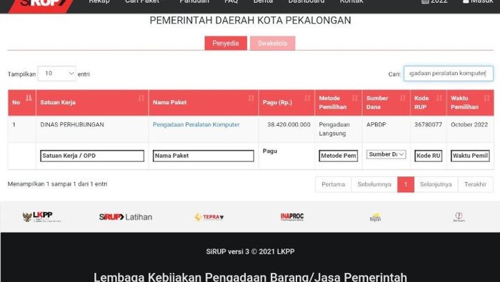 Tangkapan layar sistem informasi anggaran di Pemkot Pekalongan.