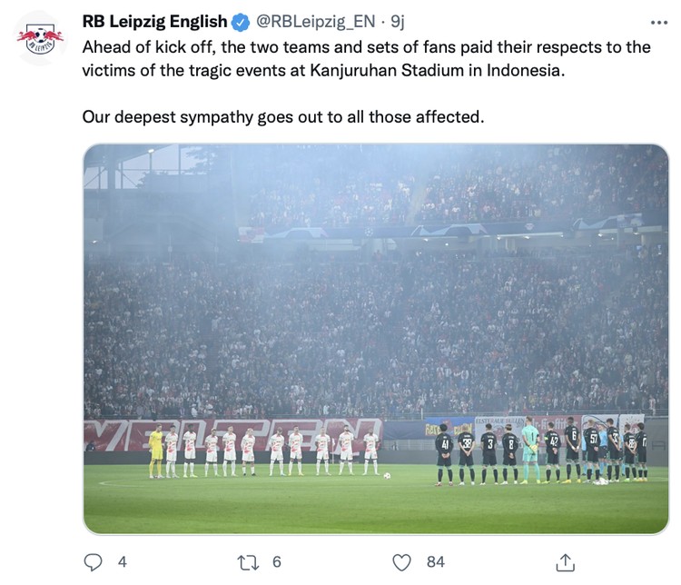 Tragedi Kanjuruhan Klub-klub Eropa yang berlaga di Liga Champions mengheningkan cipta sebelum pertandingan dimulai pada tadi malam.