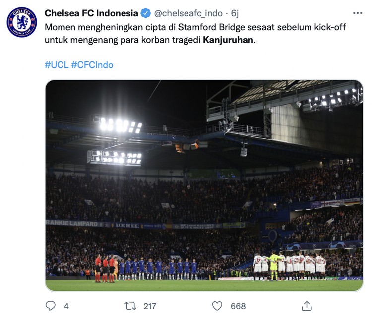 Tragedi Kanjuruhan Klub-klub Eropa yang berlaga di Liga Champions mengheningkan cipta sebelum pertandingan dimulai pada tadi malam.