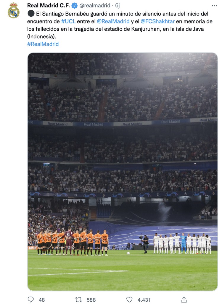 Tragedi Kanjuruhan Klub-klub Eropa yang berlaga di Liga Champions mengheningkan cipta sebelum pertandingan dimulai pada tadi malam.