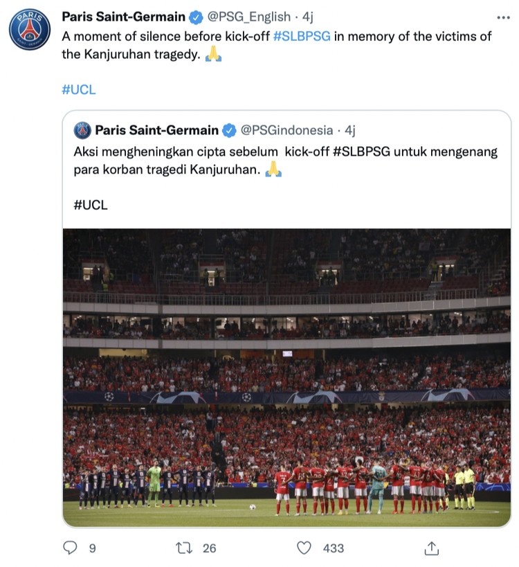 Tragedi Kanjuruhan Klub-klub Eropa yang berlaga di Liga Champions mengheningkan cipta sebelum pertandingan dimulai pada tadi malam.