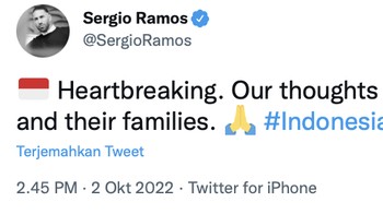 Sebelumnya juga, Bek PSG Sergio Ramos mengucapkan belasungkawa kepada para korba Tragedi Kanjuruhan di akun Twitter miliknya. Foto: Twitter