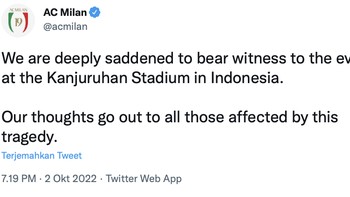 Ucapan belasungkawa dari AC Milan untuk Tragedi Kanjuruhan. Foto: Twitter