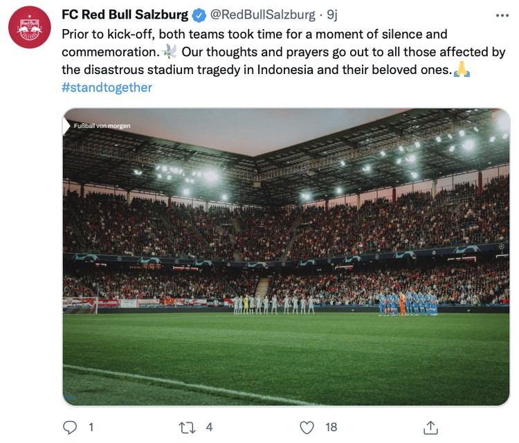 Tragedi Kanjuruhan Klub-klub Eropa yang berlaga di Liga Champions mengheningkan cipta sebelum pertandingan dimulai pada tadi malam.