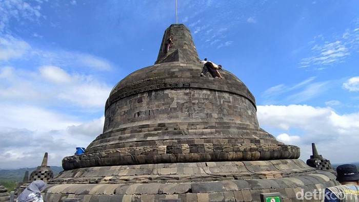 Candi Borobudur dibersihkan dari rumput dan lumut, Jumat (7/10/2022).
