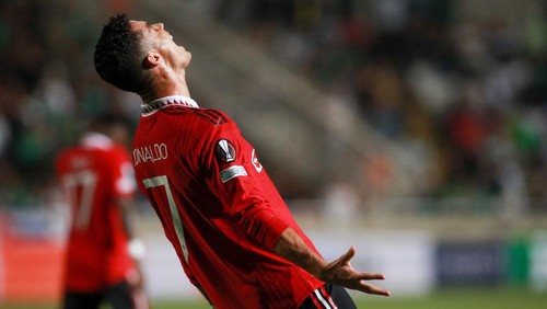 NICOSIA, CYPRUS - OCTOBER 06: Cristiano Ronaldo of  Manchester United reacts during the UEFA Europa League group E match between Omonia Nikosia and Manchester United at GSP Stadium on October 6, 2022 in Nicosia, Cyprus. (Photo by MB Media/Getty Images)