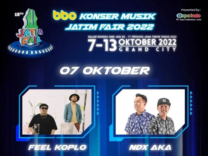 Dalam rangka memeriahkan Hari Jadi Provinsi Jawa Timur yang ke-77, Jatim Fair kembali hadir. Selama sepekan ke depan, Jatim Fair 2022 akan diisi konser musik.