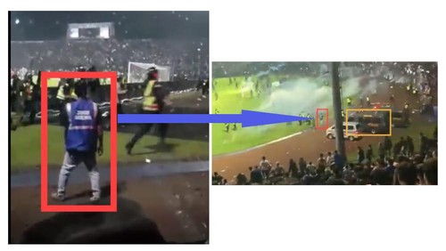 Visual forensik 2 video dengan waktu bersamaan di stadion saat terjadi Tragedi Kanjuruhan. Tampak seorang steward rompi biru sesuai dengan posisi video obrolan bahagia yang viral