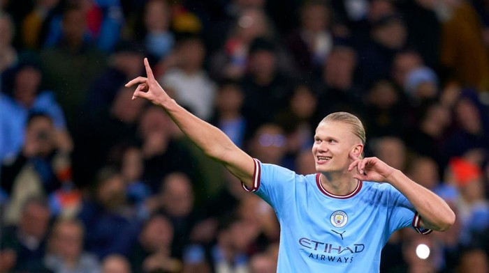 MANCHESTER, ENGLAND - OCTOBER 05: Erling Braut Haaland of Manchester City celebrates his teams first goal during the UEFA Champions League group G match between Manchester City and FC Copenhagen at Etihad Stadium on October 05, 2022 in Manchester, England. (Photo by Pedro Salado/Quality Sport Images/Getty Images)