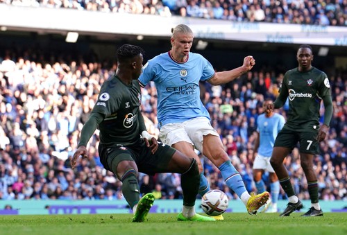 Manchester Citys Erling Haaland scores their sides fourth goal of the game during the Premier League match at Etihad Stadium, Manchester. Picture date: Saturday October 8, 2022. (Photo by Martin Rickett/PA Images via Getty Images)