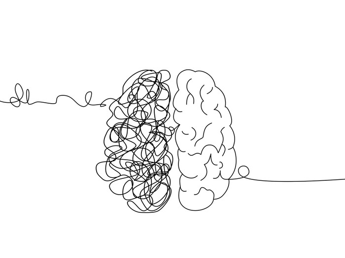 Mental health ,brain development medical treatment concept, line in a shape of arrange messy to perfect, complicated string try to go in the same direction , vector illustration