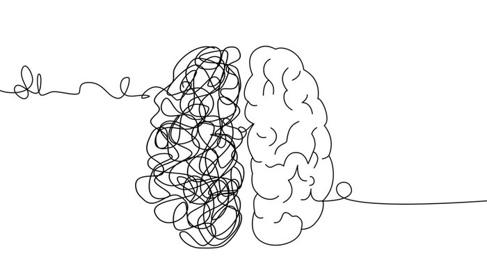 Mental health ,brain development  medical treatment concept, line in a shape of arrange messy to perfect, complicated string try to go in the same direction  , vector  illustration
