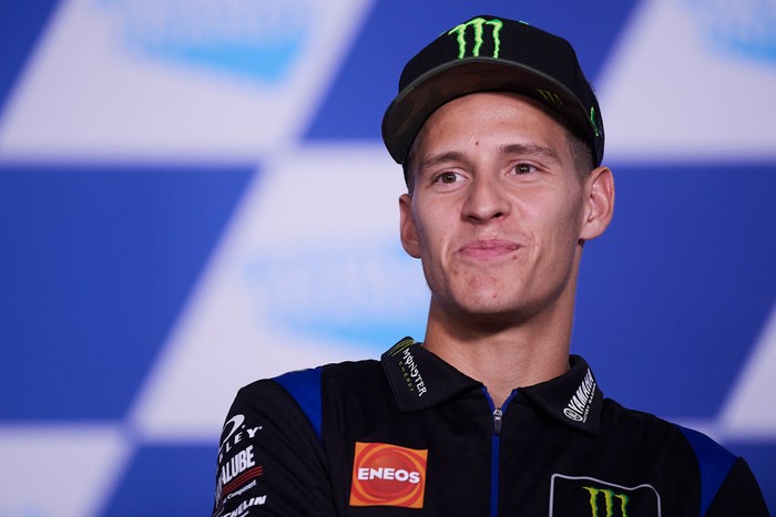 Fabio Quartararo (20) of France and Monster Energy Yamaha MotoGP during the press conference previews of Gran Premio Animoca Brands de Aragon at Motorland Aragon Circuit on September 15, 2022 in Alcaniz, Spain. (Photo by Jose Breton/Pics Action/NurPhoto via Getty Images)