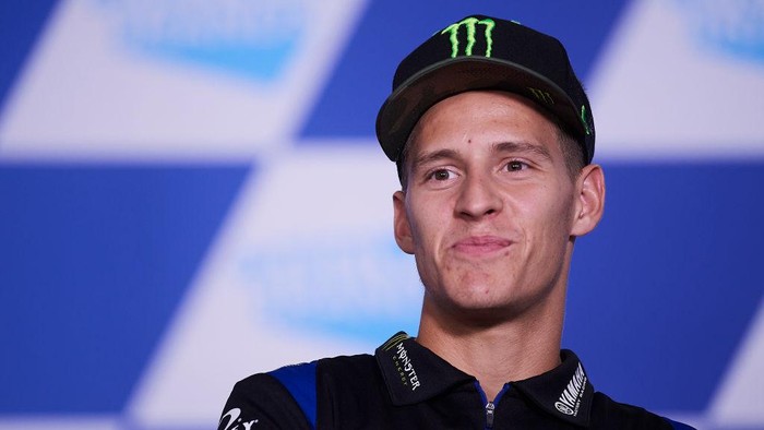 Fabio Quartararo (20) of France and Monster Energy Yamaha MotoGP during the press conference previews of Gran Premio Animoca Brands de Aragon at Motorland Aragon Circuit on September 15, 2022 in Alcaniz, Spain. (Photo by Jose Breton/Pics Action/NurPhoto via Getty Images)