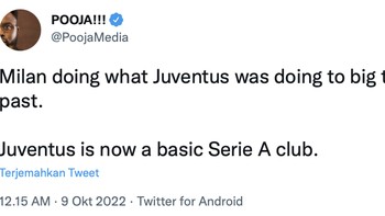 Kemenangan ini membawa rasa senang para fans Milan merah nih. Juventus kini klub biasa si Serie A tulis akun ini. Foto: Twitter