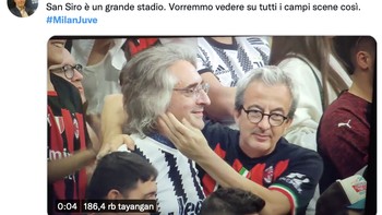 Meme haru saat fans AC Milan tetap menyemangati temannya yang juga fans Juventus di Stadion San Siro. Foto: Twitter