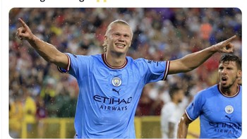Semalam, Haaland mencetak gol keempat City. Akhirnya Haaland mengakhiri puasa gol di menit ke-60, canda akun ini. Foto: Twitter